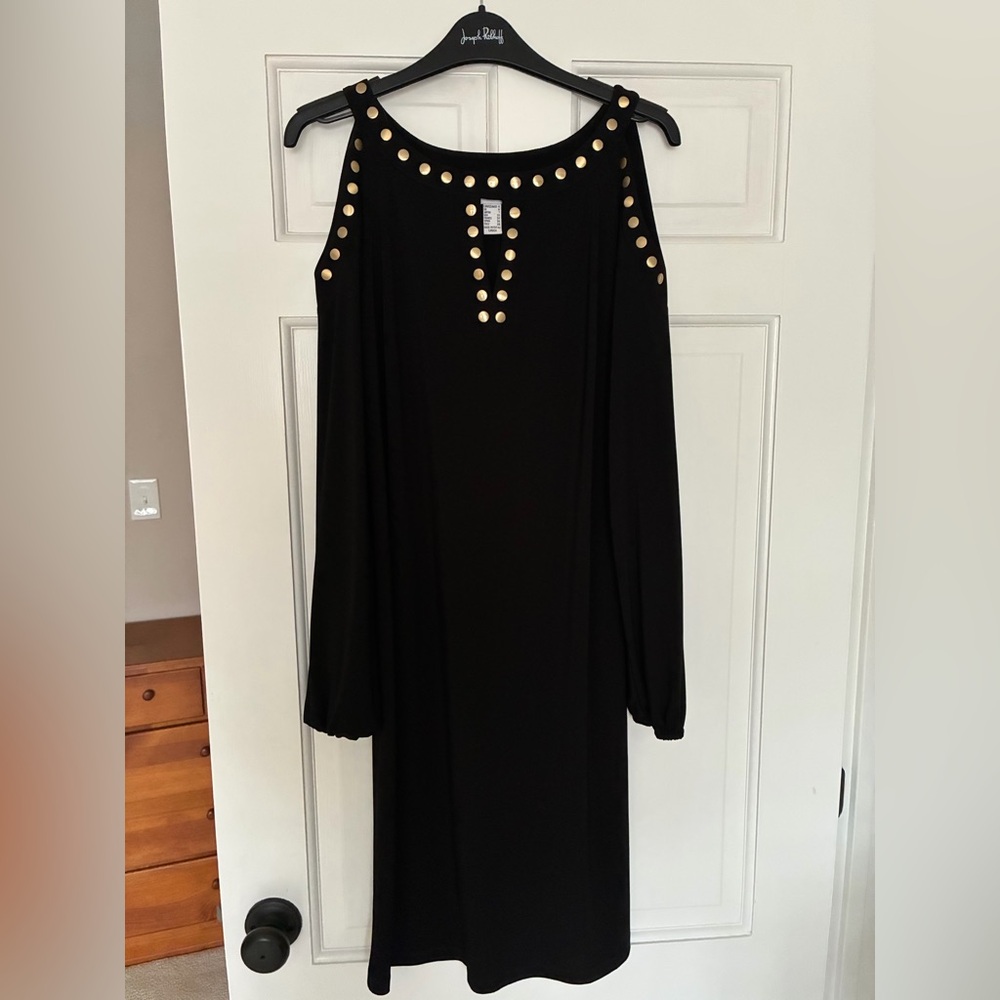 Joseph Ribkoff Black Cold-Shoulder Long Sleeve Dress with Gold Studs